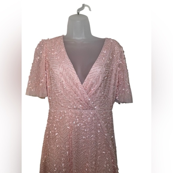 Mac Duggal New 35116 Pink Beaded Wrap Over Butterfly Sleeve Column Dress Size 4 - Picture 2 of 5